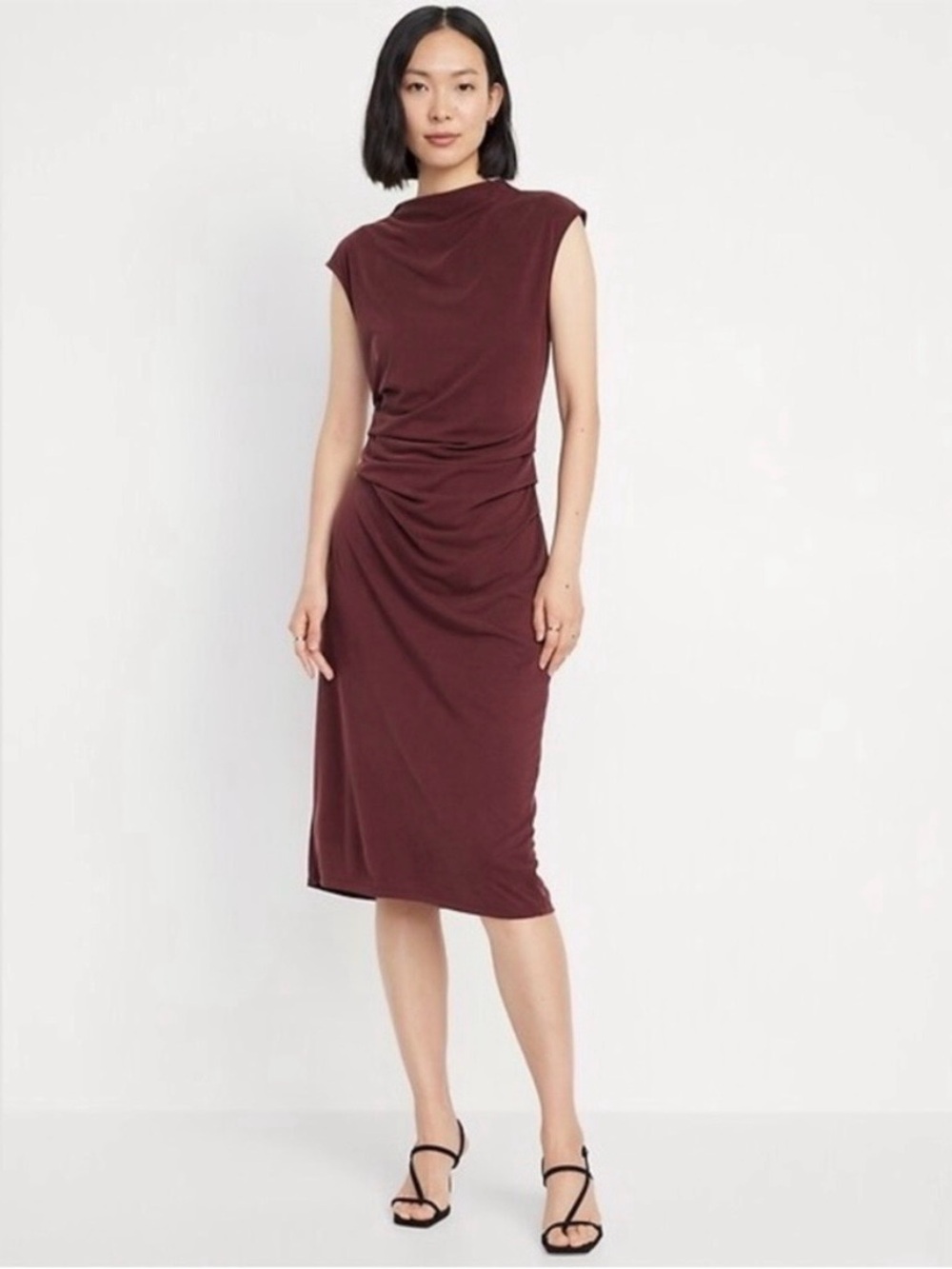NWT Old Navy Mock Neck Ruched Midi Dress in Deep Wine Small Petite